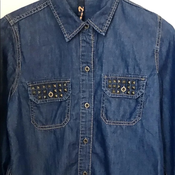 Seven Women’s Embellished Denim Roll Up Sleeve Blouse Blue M - Picture 11 of 11